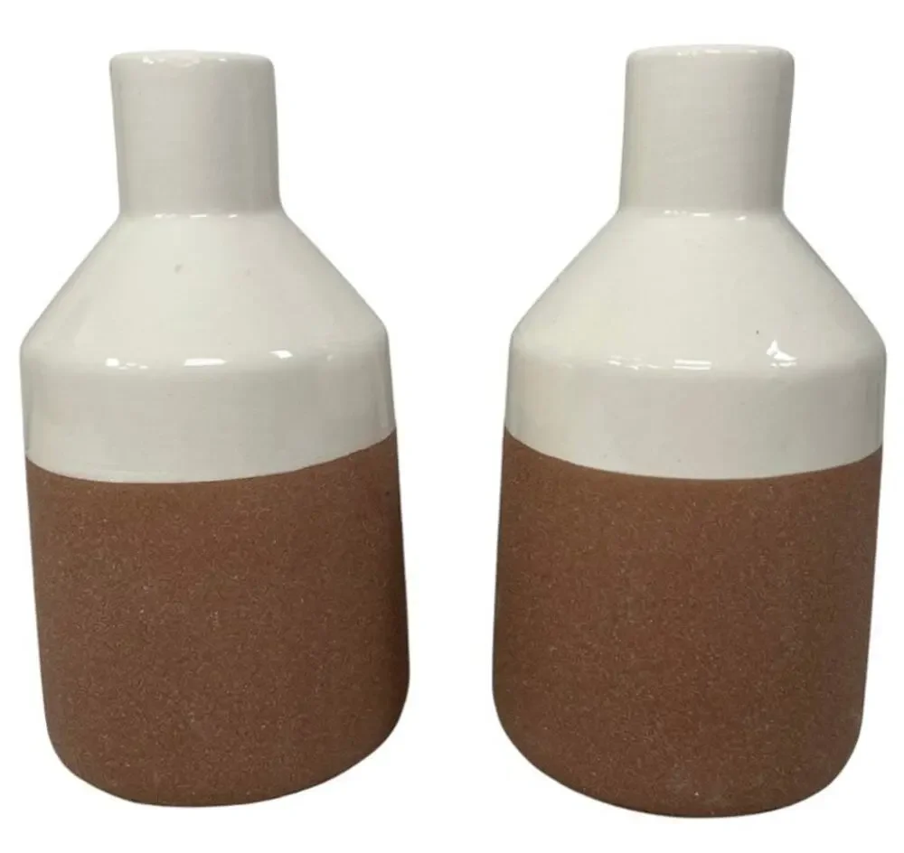 Rustic White Brown Ceramic Bud Vase Set of 2